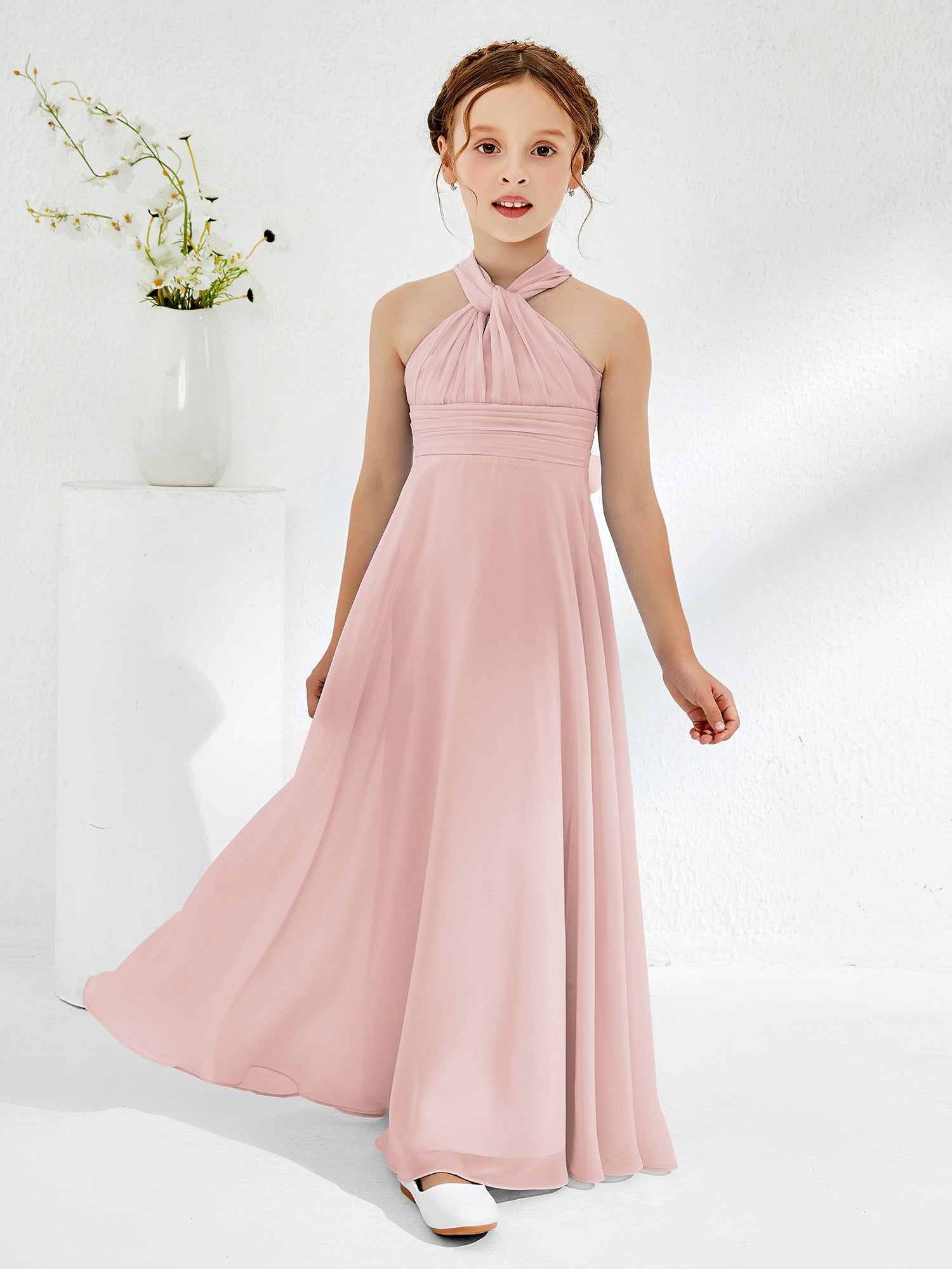 Halter Neckline Chiffon Junior Bridesmaid Dresses Dusty Rose